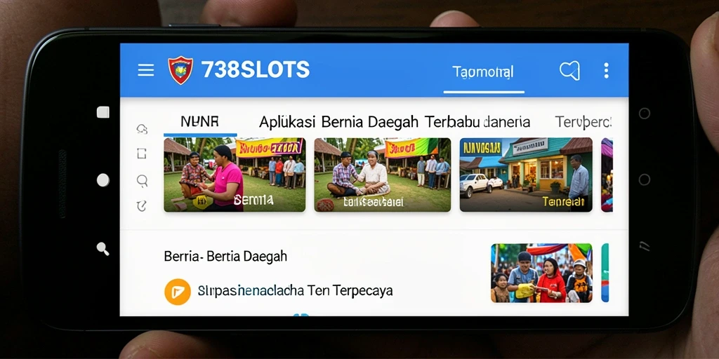 Tampilan utama aplikasi 738SLOTS menampilkan berita daerah terkini.